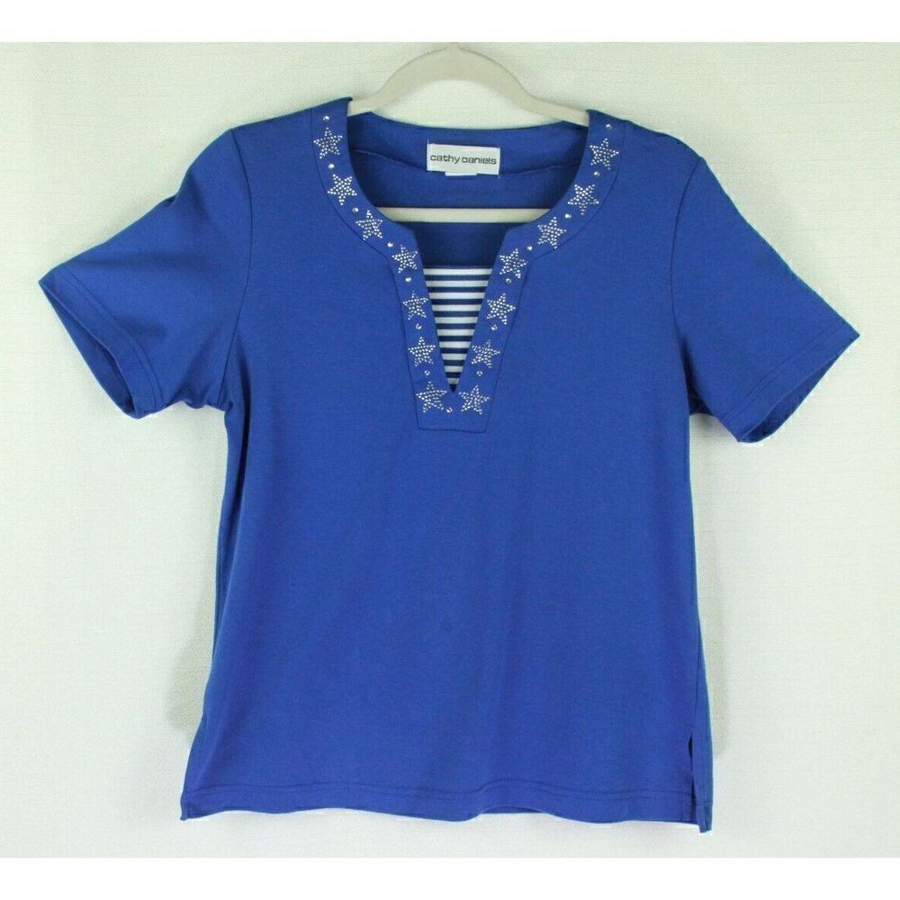 Cathy Daniels Top Short Sleeve Sparkle Stars Nautical Cotton Womens S